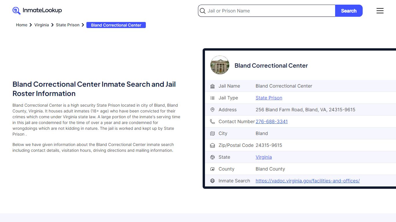 Bland Correctional Center Inmate Search, Jail Roster, Bookings, Arrests ...